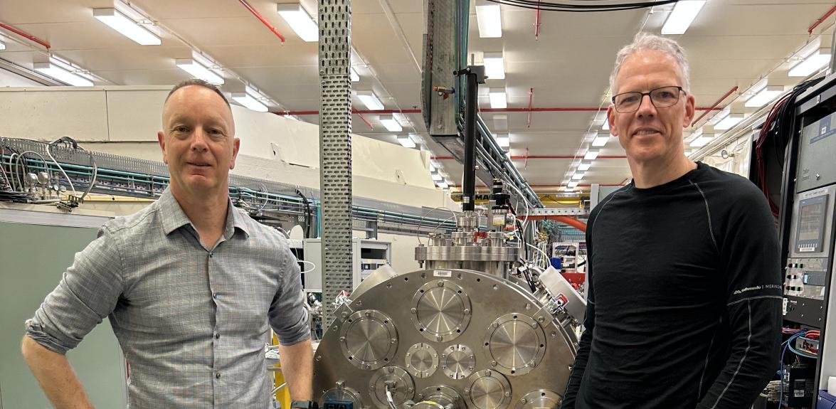 Paul Compston and Patrick Kluth inside the ANU Heavy Ion Accelerator Facility